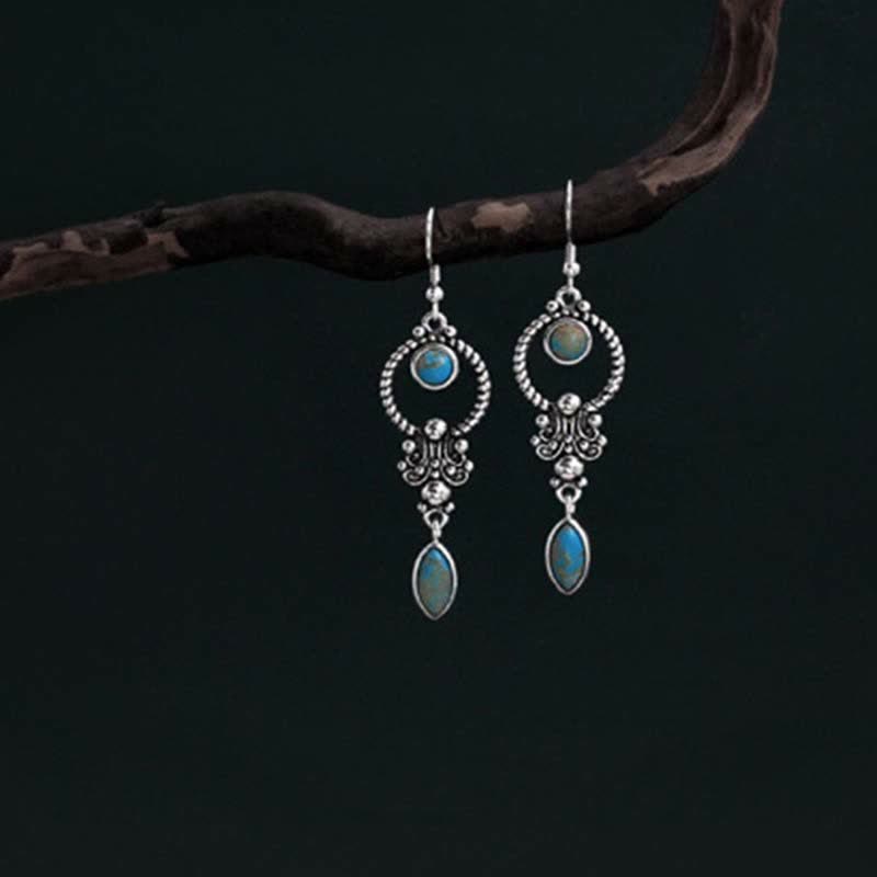 Boucles d'oreilles pendantes en argent sterling 925 Buddha Stones et motif de goutte d'eau turquoise vintage