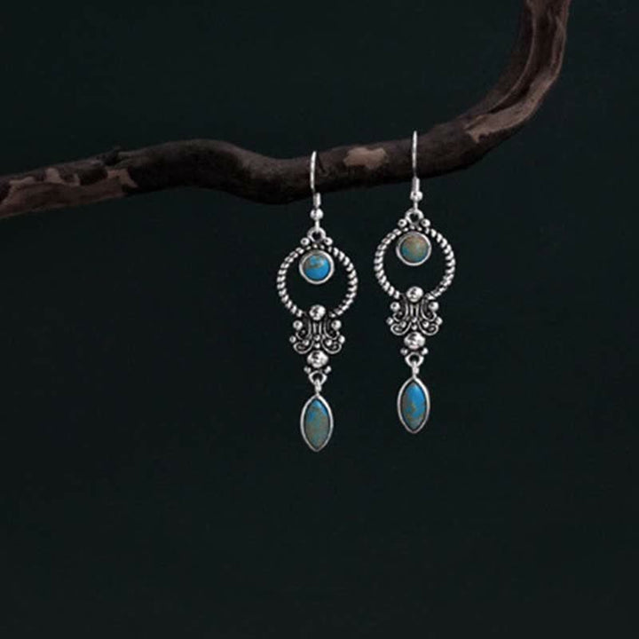 Boucles d'oreilles pendantes en argent sterling 925 Buddha Stones et motif de goutte d'eau turquoise vintage