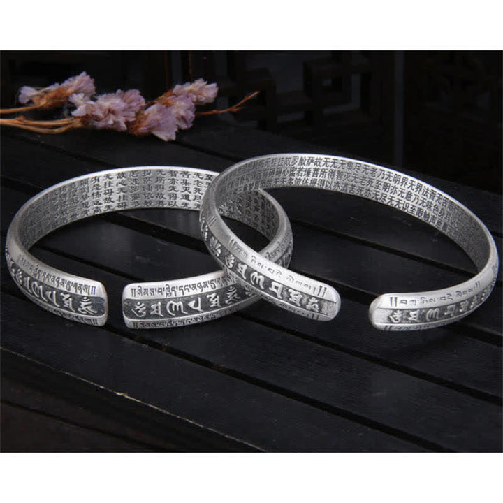 Bracelet jonc en argent sterling 999 Buddha Stones et symbole de la paix, Om Mani Padme Hum, Sutra du cœur et du lotus