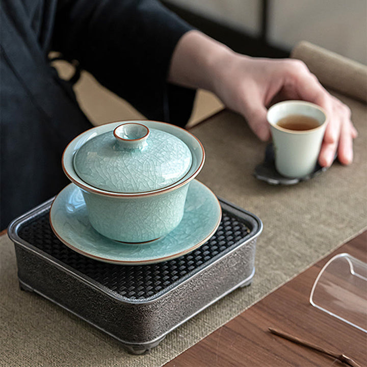 Tasse à thé et soucoupe en céramique avec couvercle en forme de Buddha Stones, style rétro, vert glacé, Gaiwan, Sancai