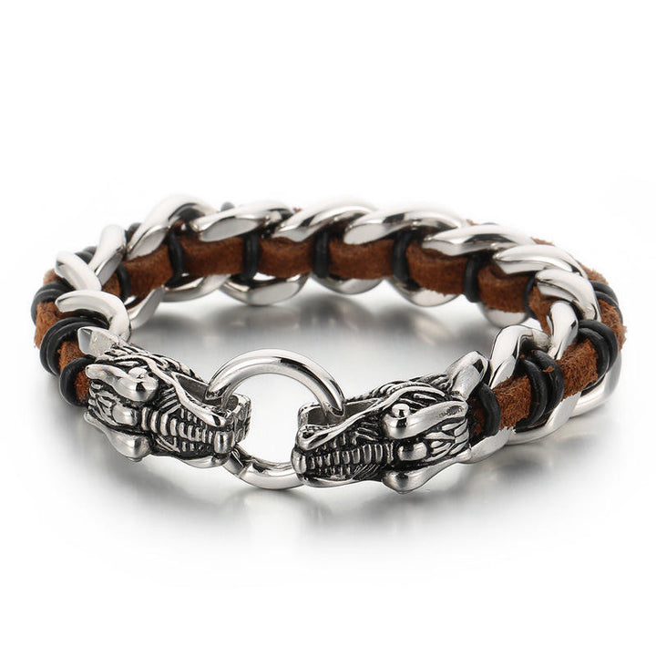 Bracelet tressé en cuir de dragon et acier titane pour protection et chance