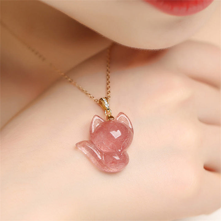 Collier pendentif de guérison en quartz fraise et renard en argent sterling 925 plaqué or 14 carats de Buddha Stones