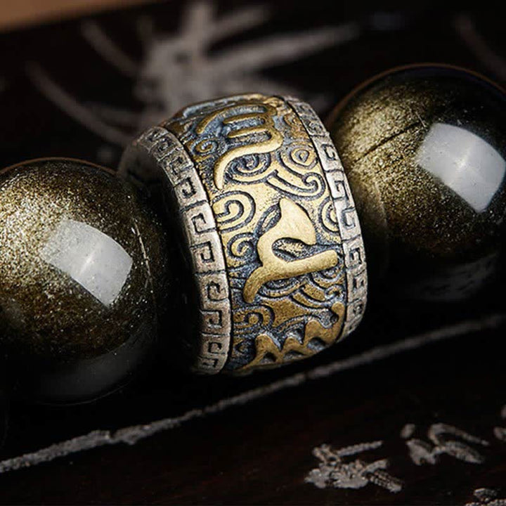Bracelet de protection en Buddha Stones dorée et brillante PiXiu Cinabre Om Mani Padme Hum