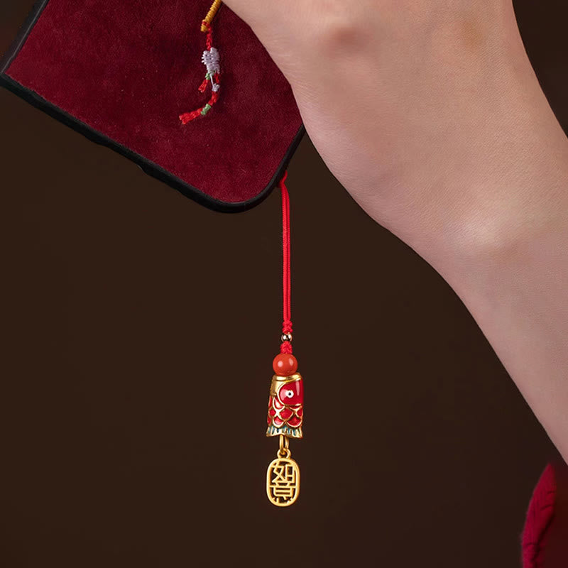 Buddha Stones Poisson Koi Cinabre Attirant la Richesse Souhait Ruyi Charme Chance Téléphone Décoration Suspendue