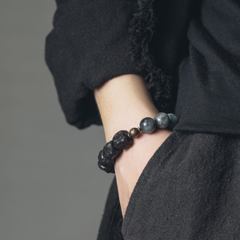 Bracelet de couple en cuivre et bois d'ébène avec pierre œil d'aigle et Buddha Stones