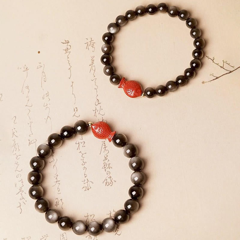 Bracelet de protection apaisante en obsidienne et cinabre avec Buddha Stones et reflets argentés naturels