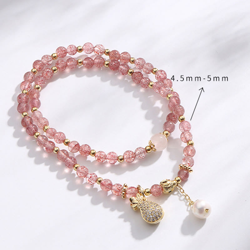 Bracelet double tour avec breloque positive et Buddha Stones en quartz fraise