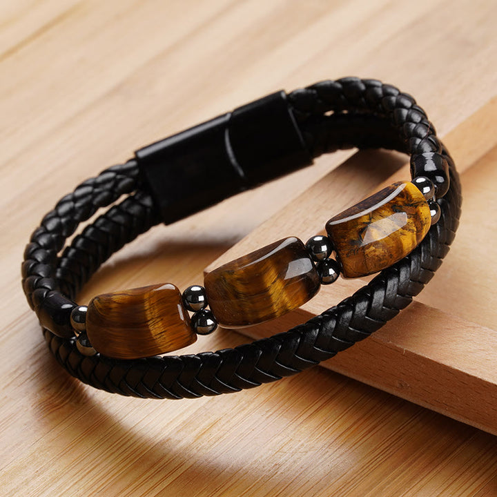 Bracelet en cuir avec boucle magnétique et protection naturelle de l'œil de tigre et des Buddha Stones