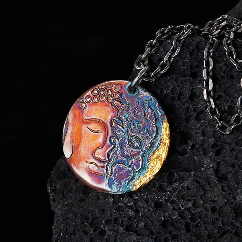 Collier pendentif de compassion moitié démon moitié bouddha en argent sterling 999 et or 24 carats avec Buddha Stones - Argent sterling 999 - image 1