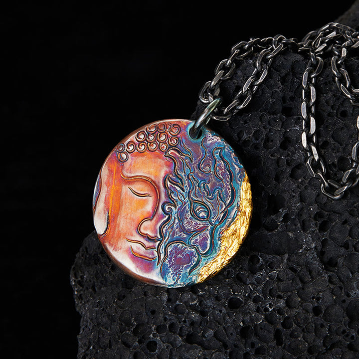 Collier pendentif de compassion moitié démon moitié bouddha en argent sterling 999 et or 24 carats avec Buddha Stones - Argent sterling 999 - image 1