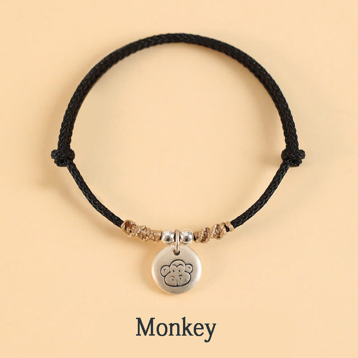 Bracelet tressé en argent sterling 999 fait main avec Buddha Stones Année du Dragon, joli signe du zodiaque chinois - Corde noire - Singe (tour de poignet 14-17 cm) - image 32