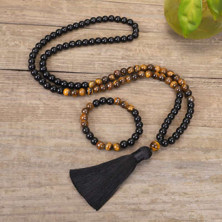 Ensemble Mala avec collier de protection en onyx noir Buddha Stones et œil de tigre