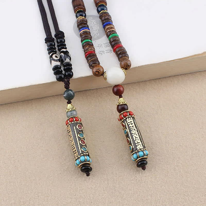 Buddha Stones tibétain Om Mani Padme Hum Dzi perle wengé bois collier pendentif