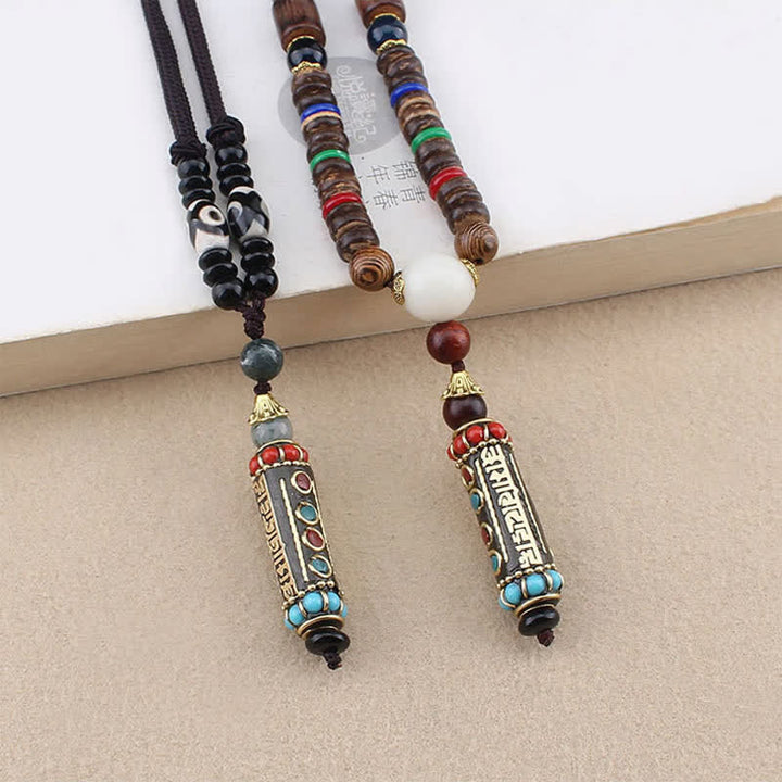 Buddha Stones tibétain Om Mani Padme Hum Dzi perle wengé bois collier pendentif