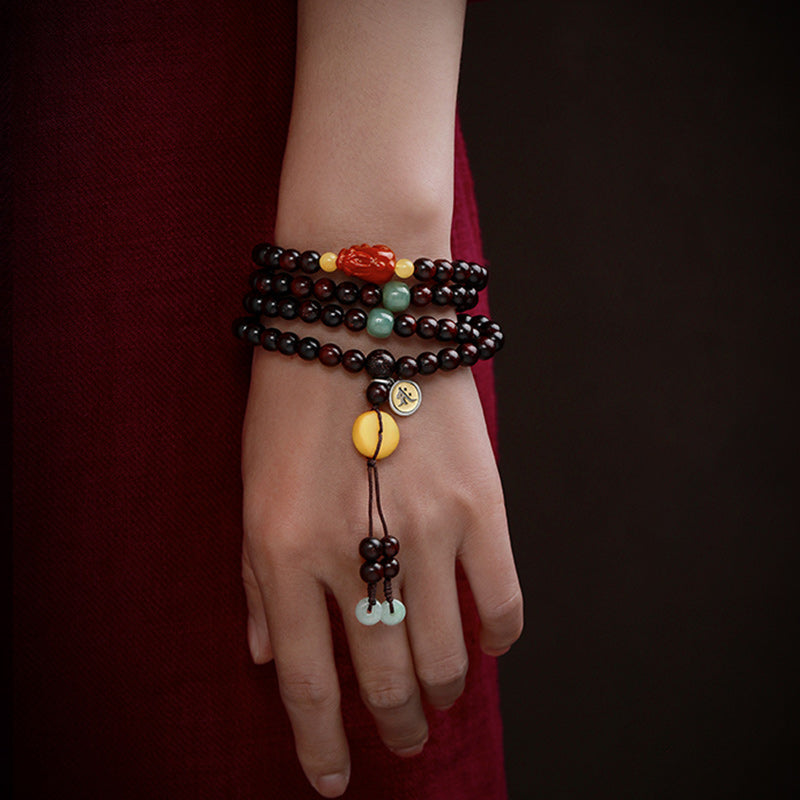 Buddha Stones Zodiaque chinois Bouddha natal 108 perles Mala Petite feuille Bois de santal rouge Agate rouge Bracelet de protection PiXiu