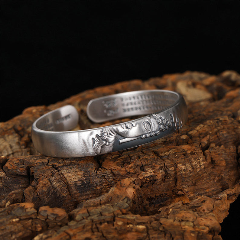 Bracelet Buddha Stones en argent sterling 999 avec tête de Bouddha et cœur Sutra de la sérénité
