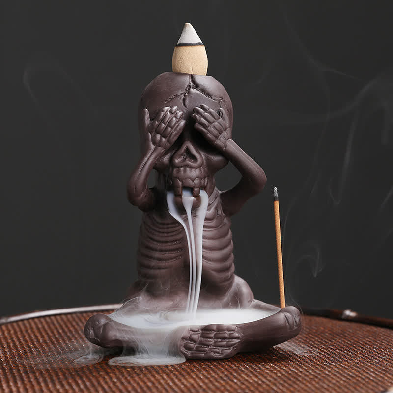 Buddha Stones Petit Crâne Fantôme Argile Violet Fontaine à Fumée à Refoulement Brûleur d'Encens Paix Décoration