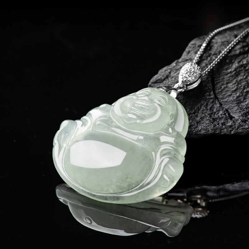Collier Buddha Stones rieur en jade naturel, pierre de Bouddha, symbole de prospérité et d'abondance, chaîne en acier titane. - image 3