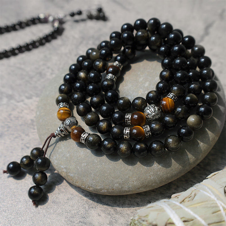 Collier Bracelet Énergie Obsidienne Dorée