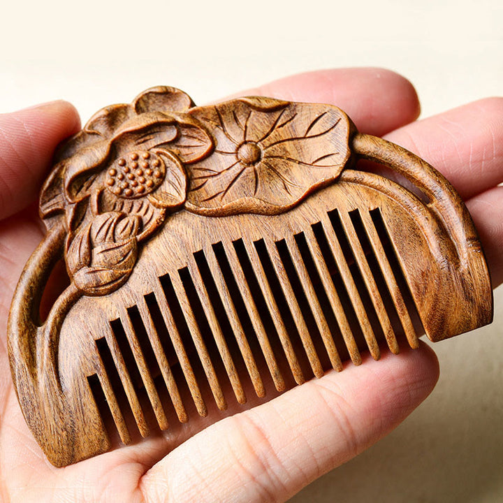 Peigne apaisant gravé en feuille de lotus et fleur de santal vert naturel - image 7