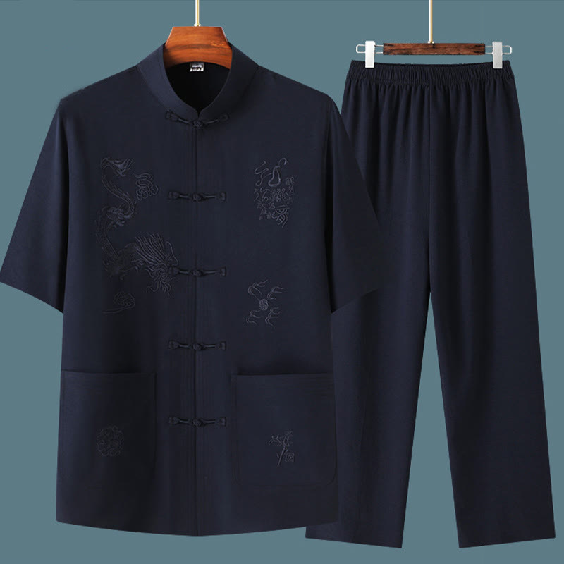 Costume Tang en Buddha Stones Hanfu Dragon chinois Uniforme de Kung Fu traditionnel Haut à manches courtes et pantalon Vêtements Ensemble pour hommes - image 1