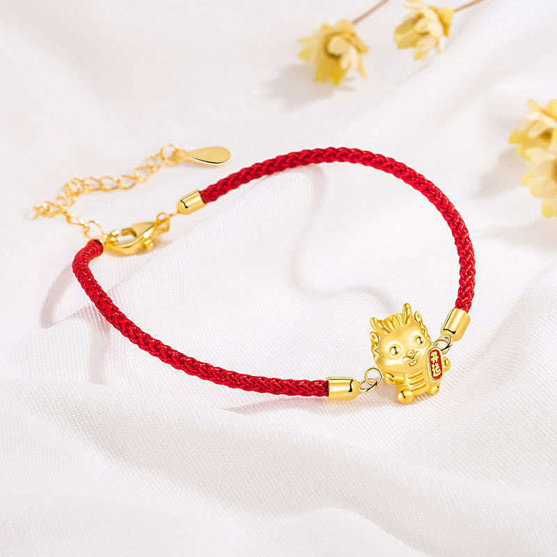 Bracelet chaîne corde rouge en argent sterling 925 Buddha Stones Année du Dragon Chanceux Force du Dragon Doré
