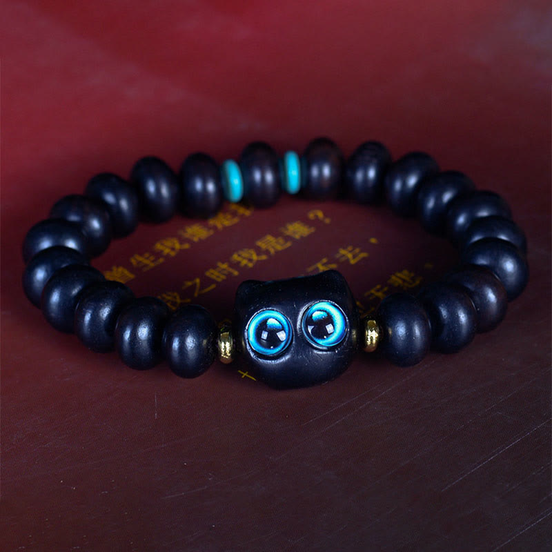 Bracelet Buddha Stones Bois d'ébène Verre Liuli Joli Chat Paix Équilibre - image 7