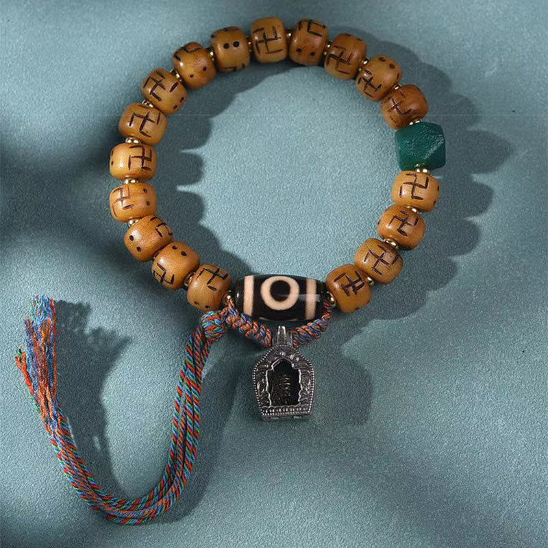 Buddha Stones en os de chameau tibétain naturel, croix gammée Dzi, perle Shankha, breloque de bouddha Kirtimukha, Bracelet à pompon de Protection porte-bonheur