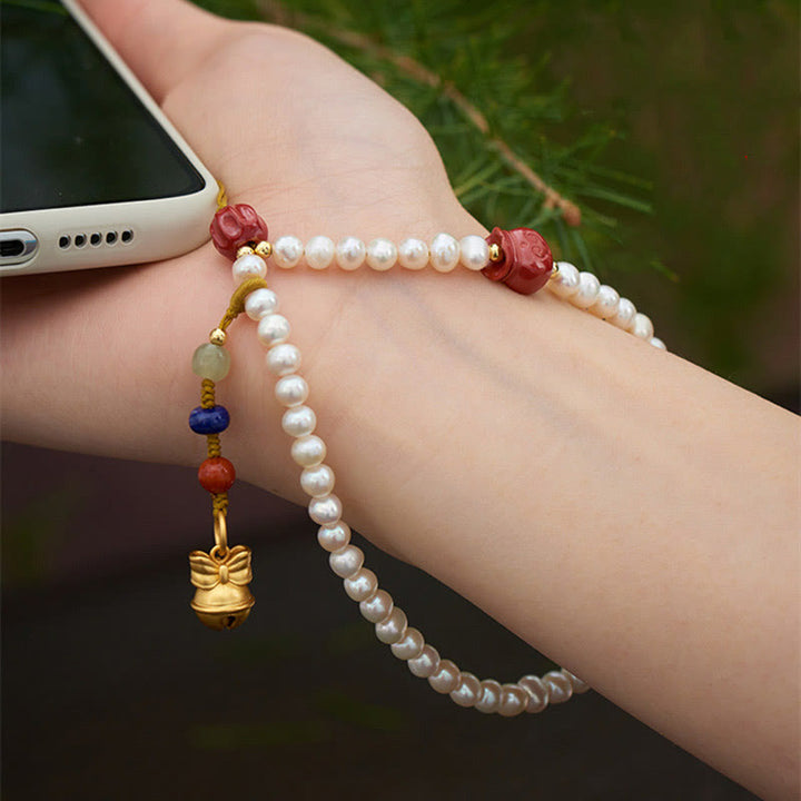 Buddha Stones Perle Naturelle Cinabre Sac d'argent Cloche Or Bête Avalante Lion Dansant Guérison Téléphone Décoration Suspendue