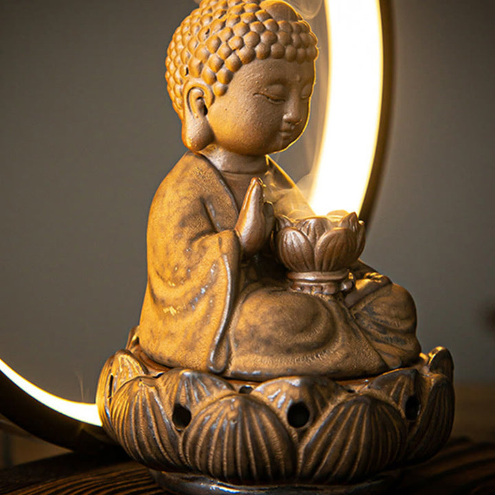 Buddha Stones Bouddha Lotus Fontaine à fumée à refoulement Brûleur d'encens de bénédiction en céramique avec décoration lumineuse