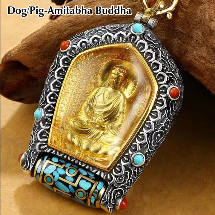 Collier avec pendentif en perles Dzi rotatives du zodiaque chinois tibétain Thangka Bouddha de la prospérité
