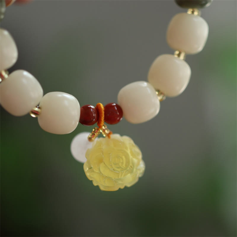 Bracelet de paix en ambre et graines de Bodhi avec Buddha Stones dégradées