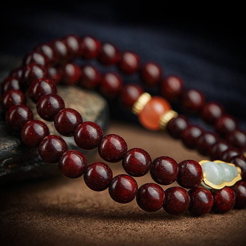 Buddha Stones Zodiaque chinois Bouddha natal Petite feuille Bois de santal rouge Jade Agate rouge Bracelet apaisant PiXiu