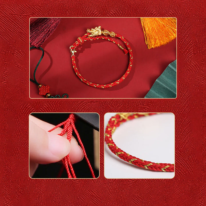 Bracelet tressé en fil rouge à huit fils en argent sterling 999 de Buddha Stones, fabriqué à la main, avec dragon porte-bonheur