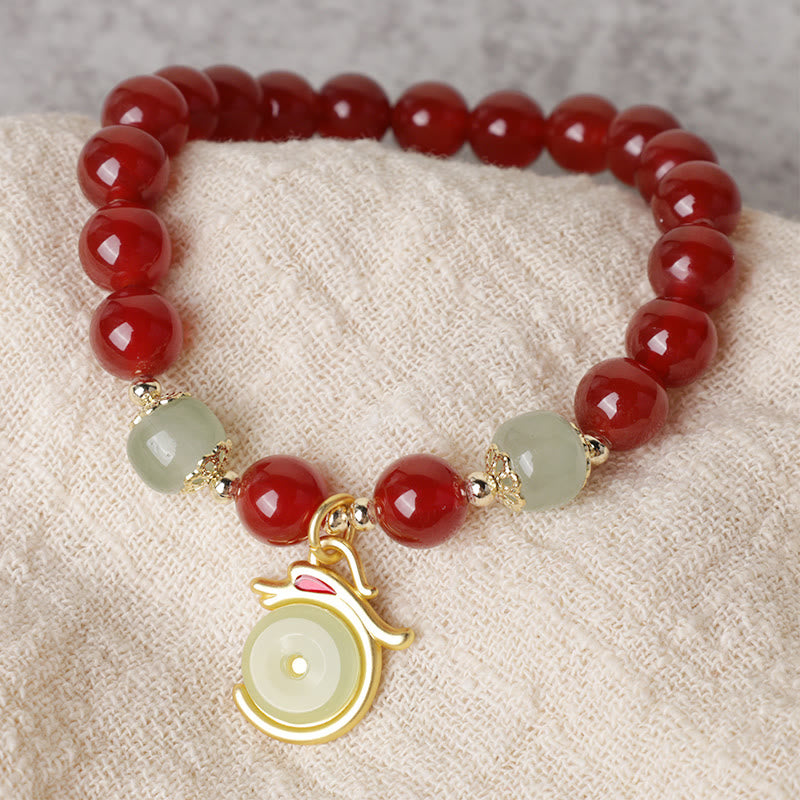 Bracelet de réussite avec boucle de paix en jade et agate rouge de l'année du dragon et des Buddha Stones