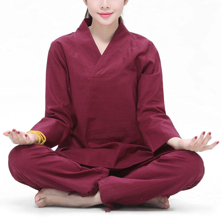 Ensemble de vêtements pour femmes en coton et lin avec Buddha Stones, pratique zen, yoga, méditation, prière, col en V