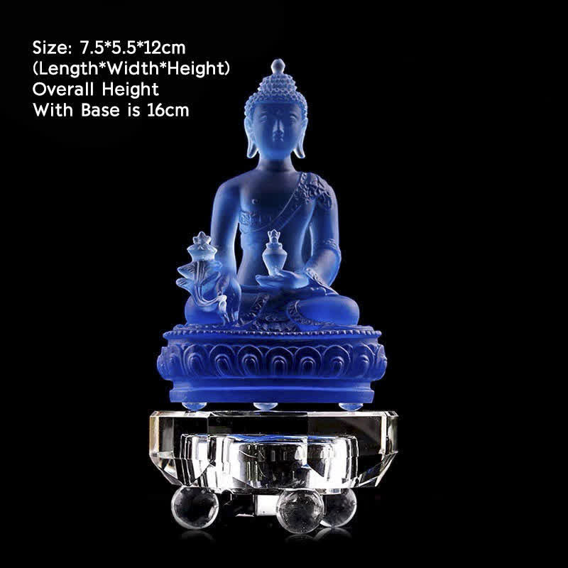 Buddha Stones Bouddha de médecine Pièce d'art en cristal Liuli faite à la main Statue de compassion Décoration d'offrande de bureau à domicile - 7,5 x 5,5 x 12 cm - Bouddha de la Médecine et Base Lumineuse - image 9