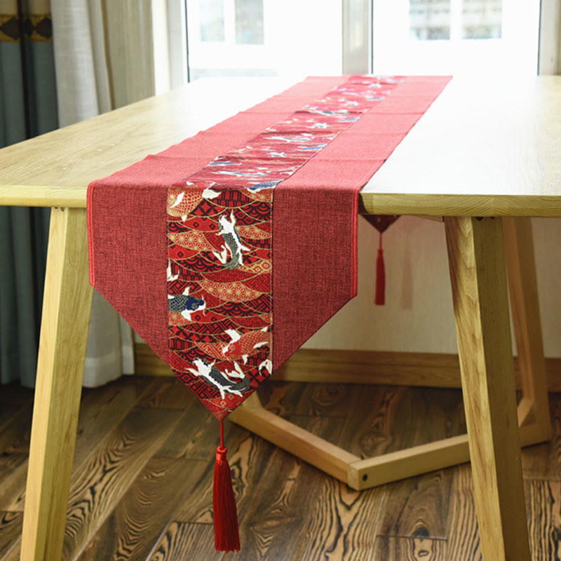 Chemin de table en coton et lin avec pompons, Buddha Stones, style chinois classique, lotus, poisson koï, fleur, grue, calligraphie, illumination
