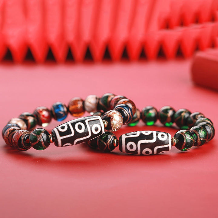 Buddha Stones Perle Dzi tibétaine à neuf yeux Perle Dzi à trois yeux Bracelet de richesse en perles de verre Liuli