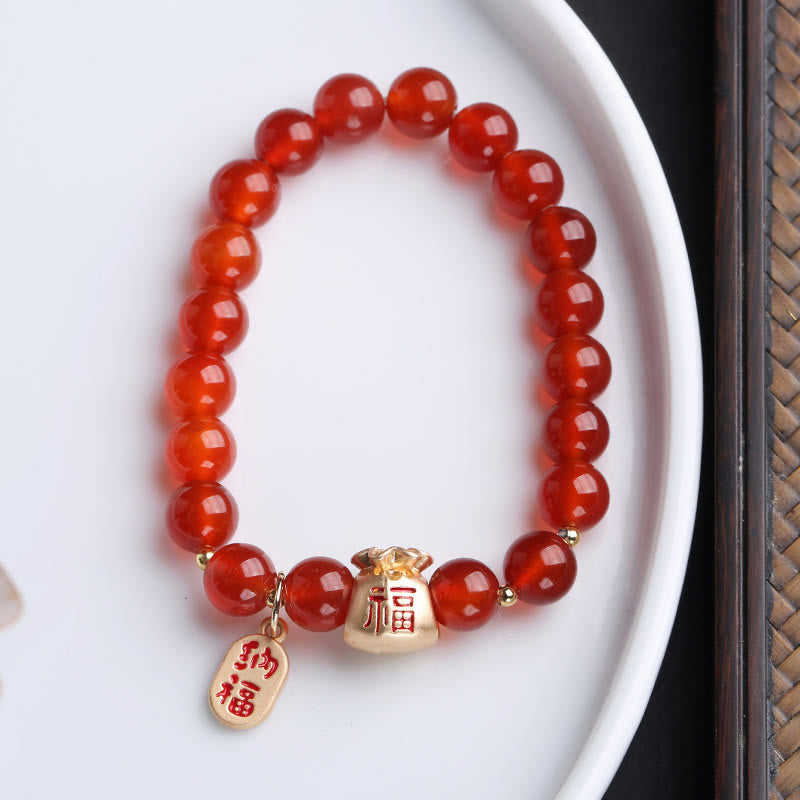 Buddha Stones Agate blanche naturelle Agate rouge Sac d'argent Caractère Fu Trèfle à quatre feuilles Bracelet de protection