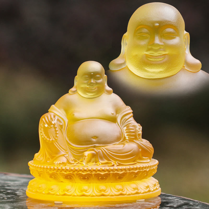 Buddha Stones Figurine de Bouddha rieur faite à la main Pièce d'art en cristal Liuli Statue de richesse Décoration de la maison - Moyen 13,2*10,5*13 cm - image 6