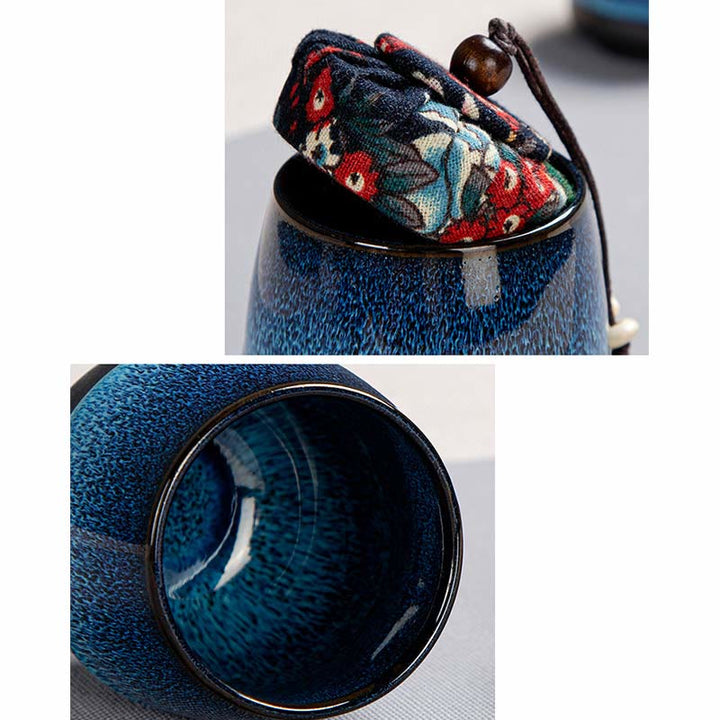 Coffret cadeau portable avec théière en céramique et théière chinoise Gongfu en dégradé de couleurs bleues et Buddha Stones