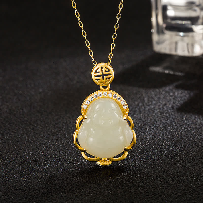 Collier pendentif de protection en jade blanc Hetian en argent sterling 925 avec Bouddha rieur - Jade blanc de Hetian (Protection ♥ Bonheur) - image 0