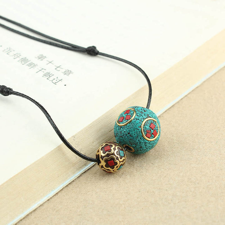 Collier avec Buddha Stones et double perle turquoise tibétaine pour la protection et la force - Turquoise (Purification♥Protection) - image 0