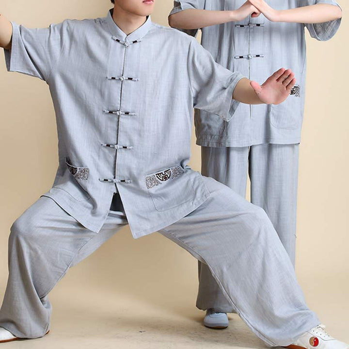 Ensemble de vêtements unisexe brodés Buddha Stones, méditation, prière zen, Tai Chi spirituel, Qigong - Broderie grise à manches courtes - US12，UK/AU16，EU44 (2XL) - image 25