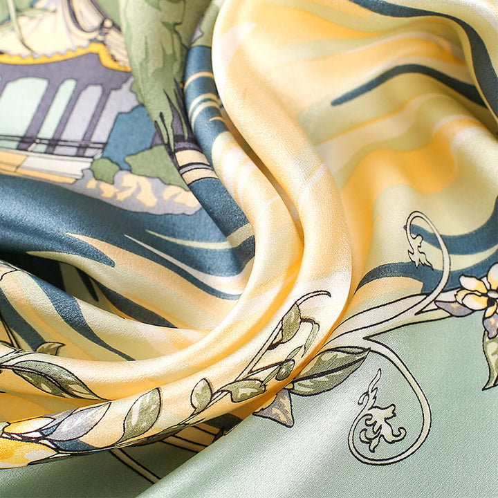 Foulard pour cheveux en soie de mûrier 100 % Buddha Stones et scène pastorale en montgolfière