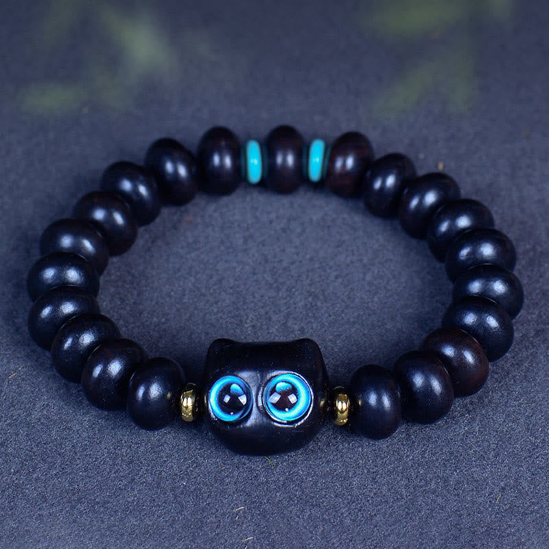 Bracelet Buddha Stones Bois d'ébène Verre Liuli Joli Chat Paix Équilibre - image 6
