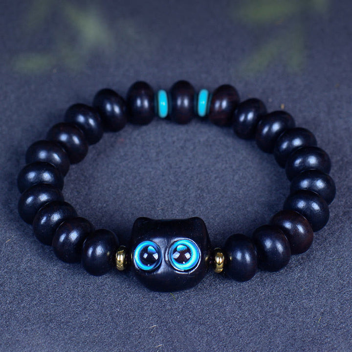 Bracelet Buddha Stones Bois d'ébène Verre Liuli Joli Chat Paix Équilibre - image 6