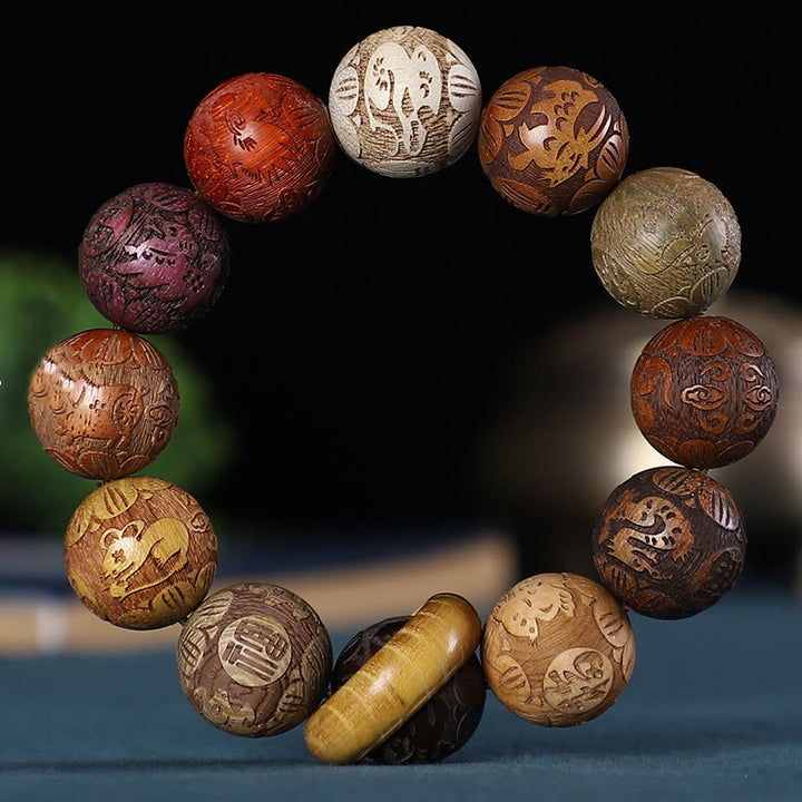 Bracelet sculpté en bois de rose, bois de santal vert, bois d'ébène, pièce de cuivre, signe du zodiaque chinois , Buddha Stones