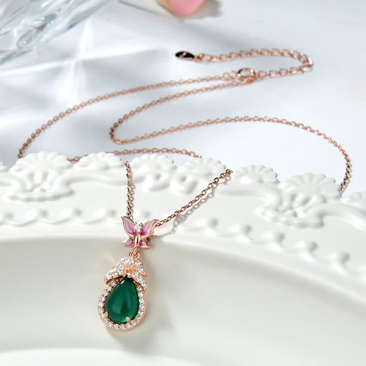 Collier pendentif courage en argent sterling 925 avec calcédoine verte et zircon papillon